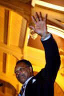 Reverend Jesse Jackson travels on board his tour bus