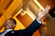 Reverend Jesse Jackson travels on board his tour bus
