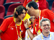 Prince Felipe and Rafa Nadal watch selection of Spanish Basketball.

