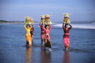 BALINESE WOMEN CARRYING VOTIVE OFFERINGS, LEGIAN BEACH, BALI, INDONESIA