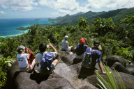 KATHY BEAVER AND LINDSEY CHONG SENG WITH TOURISTS EXPLORING NATURE TRAILS, LA RESERVE, MAHé ISLAND, SEYCHELLES
