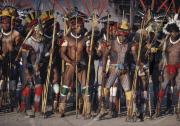 MEN PREPARING FOR SPEAR SHOOTING COMPETITION AT JAVARI SUMMER FESTIVAL, XINGU INDIAN RESERVATION, BRAZIL