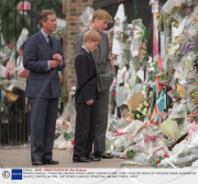 PRINCE CHARLES, PRINCE WILLIAM AND PRINCE HARRY VIEWING FLORAL TRIBUTES AFTER DEATH OF PRINCESS DIANA, KENSINGTON PALACE, LONDON, BRITAIN - 1997