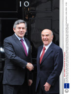 Prime Minister Gordon Brown greets Switzerland's President and Finance Minister Hans-Rudolf Merz at Downing Street, London, Britain - 14 Mar 2009
