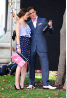 Actor ED WESTWICK with pink bow tie and a Dom Perignon bottle filming 'Gossip Girl' in New York