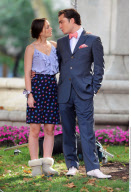 Actor ED WESTWICK with pink bow tie and a Dom Perignon bottle filming 'Gossip Girl' in New York