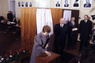 Soviet leader Mikhail Gorbachev and first lady Raisa Gorbachyova attending deputy elections