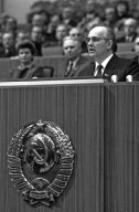 Mikhail Gorbachev addressing official meeting dedicated to the 40th anniversary of the Soviet people's victory in the 1941-1945 Great Patriotic War