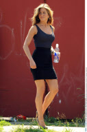 Actress JENNIFER ANISTON striding with waving hair on the set of 'The Bounty' in New York