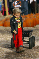KINGSTON ROSSDALE with cool biker jacket seen at the 'Mr. Bones Pumpkin Patch'