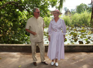 QUEEN MARGRETHE and PRINCE HENRIK posing at the Kim Lien Pagoda Temple in Vietnam