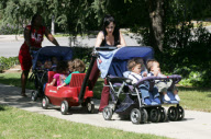 Octomom at the park with kids and a camera crew