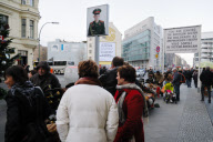 Checkpoint Charlie at the junction of Zimmerstrasse and Friedrichstrasse, Berlin, Germany - Dec 2009