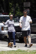 Actress CHRISTINA RICCI shows off her nipples under her gingham shirt while walking her dog with boyfriend CURTIS BUCHANAN