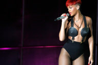 Singer RIHANNA with cone bra performing at the 'Rock in Rio' music festival in Madrid