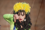 Punker legend NINA HAGEN promotes her new album 'Personal Jesus' in a neon green polyester dress