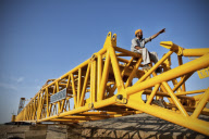 Erection of the Suzlon Wind Turbine, part of the world's largest multi-site wind farm, Gujarat, India - 2010