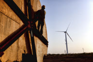 Erection of the Suzlon Wind Turbine, part of the world's largest multi-site wind farm, Gujarat, India - 2010