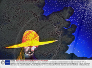 A COMPUTER GENERATED ILLUSTRATION OF A SKULL OR DEATH HEAD WEARING A WIDE BRIMMED YELLOW AND RED HAT WITH A CRACKLED PATTERN AND BLUE SKY WITH STARS IN THE BACKGROUND.