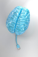 Illustration Blaues Gehirn mit USB-Kabel auf grauem Hintergrund / Blue brain illustration with usb cable on grey background