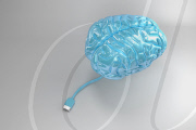 Illustration Blaues Gehirn mit USB-Kabel auf grauem Hintergrund / Blue brain illustration with usb cable on grey background