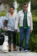 The Mentalist star SIMON BAKER and his wife REBECCA RIGG walking their pooch named HAPPY