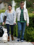 The Mentalist star SIMON BAKER and his wife REBECCA RIGG walking their pooch named HAPPY