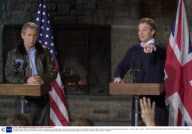 BUSH AND BLAIR PRESS CONFERENCE, British Prime Minister Tony Blair holds a joint press conference with U.S. President George W. Bush after their "get acquainted" talks at Camp David.  Thurmont, MD , America - 23/02/01