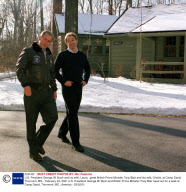 U.S. President George W. Bush and his wife, Laura,  greet British Prime Minister Tony Blair and his wife, Cherie, at Camp David. Thurmont, MD - February 23, 2001