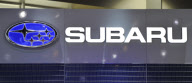 The logo for Subaru on display at the Chicago Auto Show