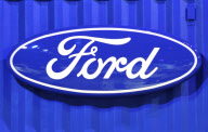 The logo for Ford on display at the Chicago Auto Show