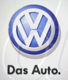The logo for Volkswagen on display at the Chicago Auto Show