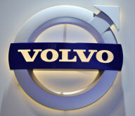 The logo for Volvo on display at the Chicago Auto Show