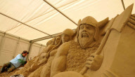 Artists at work at Sandworld indoor sand sculpture park, Weymouth, Dorset, Britain - 06 Apr 2011