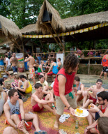 Backpackers Tubing on the Nam Song river in Vang Vieng, Laos - Mar 2011