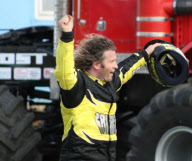Stunt driver's attempt to drive monster truck over fire engine backfires at Santa Pod Raceway, Northamptonshire, Britain - 21 Aug 2011