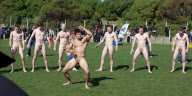 The Dunedin-based Nude Blacks V the Spanish Conquistadores  in an 'unofficial' curtain raiser to the Rugby World Cup match between Argentina and England in Dunedin.  New Zealand,