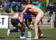 The Dunedin-based Nude Blacks V the Spanish Conquistadores  in an 'unofficial' curtain raiser to the Rugby World Cup match between Argentina and England in Dunedin.  New Zealand,
