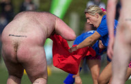 The Dunedin-based Nude Blacks V the Spanish Conquistadores  in an 'unofficial' curtain raiser to the Rugby World Cup match between Argentina and England in Dunedin.  New Zealand,
