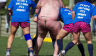 The Dunedin-based Nude Blacks V the Spanish Conquistadores  in an 'unofficial' curtain raiser to the Rugby World Cup match between Argentina and England in Dunedin.  New Zealand,