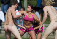 The Dunedin-based Nude Blacks V the Spanish Conquistadores  in an 'unofficial' curtain raiser to the Rugby World Cup match between Argentina and England in Dunedin.  New Zealand,