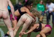 The Dunedin-based Nude Blacks V the Spanish Conquistadores  in an 'unofficial' curtain raiser to the Rugby World Cup match between Argentina and England in Dunedin.  New Zealand,