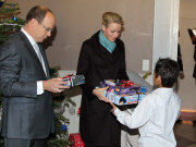 CPE/Prince Albert and Princess Charlene offer gifts to teenagers of the Foyer Sainte Devote.