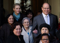 CPE/Prince Albert and Princess Charlene of Monaco giving gifts to old people at Monaco Red Cross