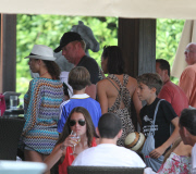 Sharley and Boris Becker have lunch with Boris' ex-wife Barbara after which the two women sat poolside together for half an hour chatting and laughing together. Barbara, who recently split with her second husband wore a floor length animal print dress whi