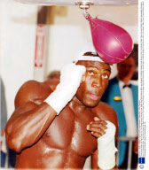 Frank Bruno Keeps His Eyes Firmly On The Target During Training In Las Vegas. Big Fight Referee Mills Lane Accepts He Will Be Holding Frank Bruno's Life In His Hands If Mike Tyson Corners Britain's World Heavyweight Champion Here On Saturday Night.