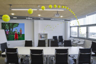 Cause and Effect suspended tennis ball art installation, Mustang Art Gallery, Alicante, Spain - Mar 2012