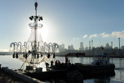 Giant chandelier being moved across Sydney Harbour to floating stage at Royal Botanic Gardens for Handa Opera's production of La Traviata, Sydney, Australia - 16 Mar 2012
