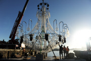 Giant chandelier being moved across Sydney Harbour to floating stage at Royal Botanic Gardens for Handa Opera's production of La Traviata, Sydney, Australia - 16 Mar 2012