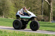 Man turns electric three-wheeler Sinclair C5 into a monster bike, Buckinghamshire, Britain - 03 Apr 2012